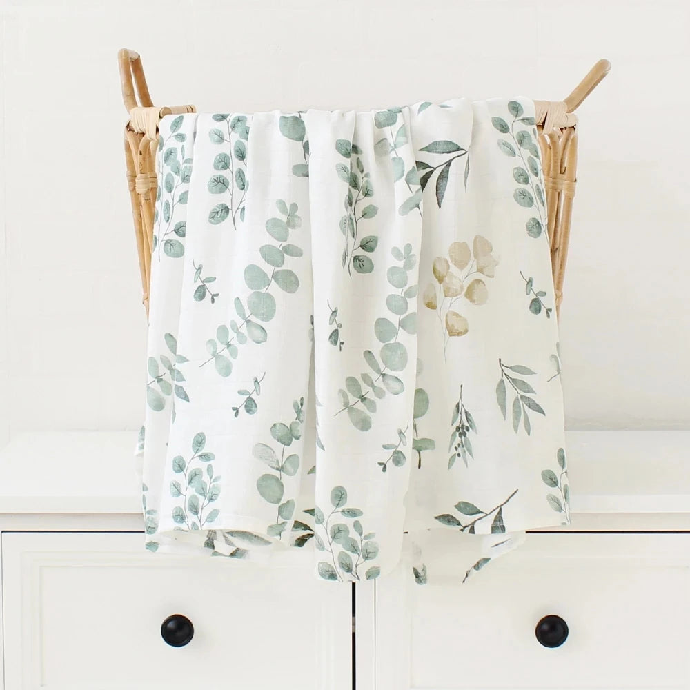 Organic bamboo muslin swaddle green leaf print