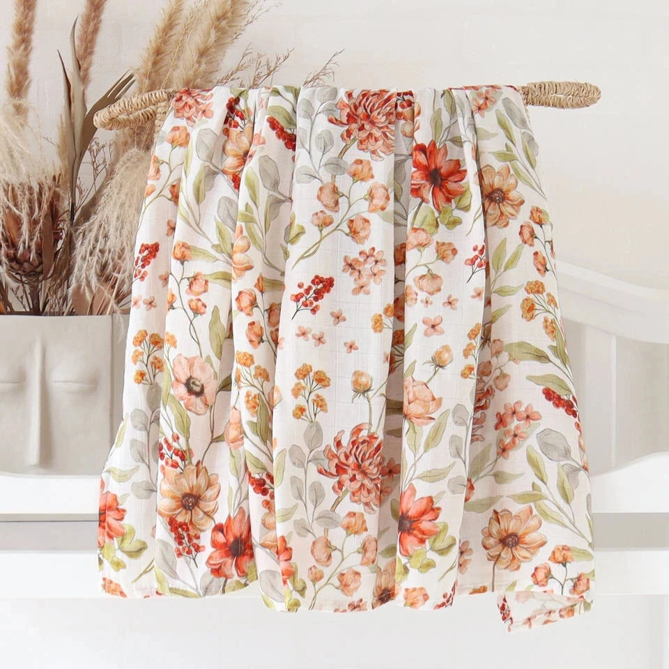 Organic bamboo muslin swaddle Promegranate flower print