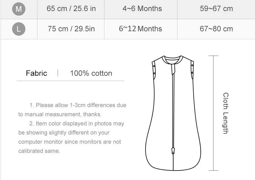 Baby Cotton Sleeveless Sleeping Bag- Size table