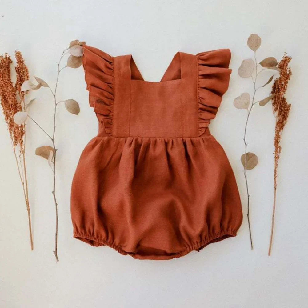 Baby Girls Rompers Cotton Linen Fabric- Brick Colour