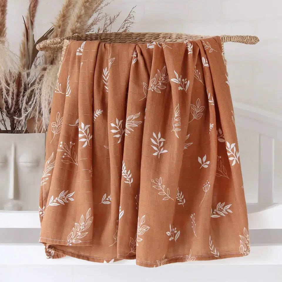 Organic bamboo muslin swaddle Brown leaf print
