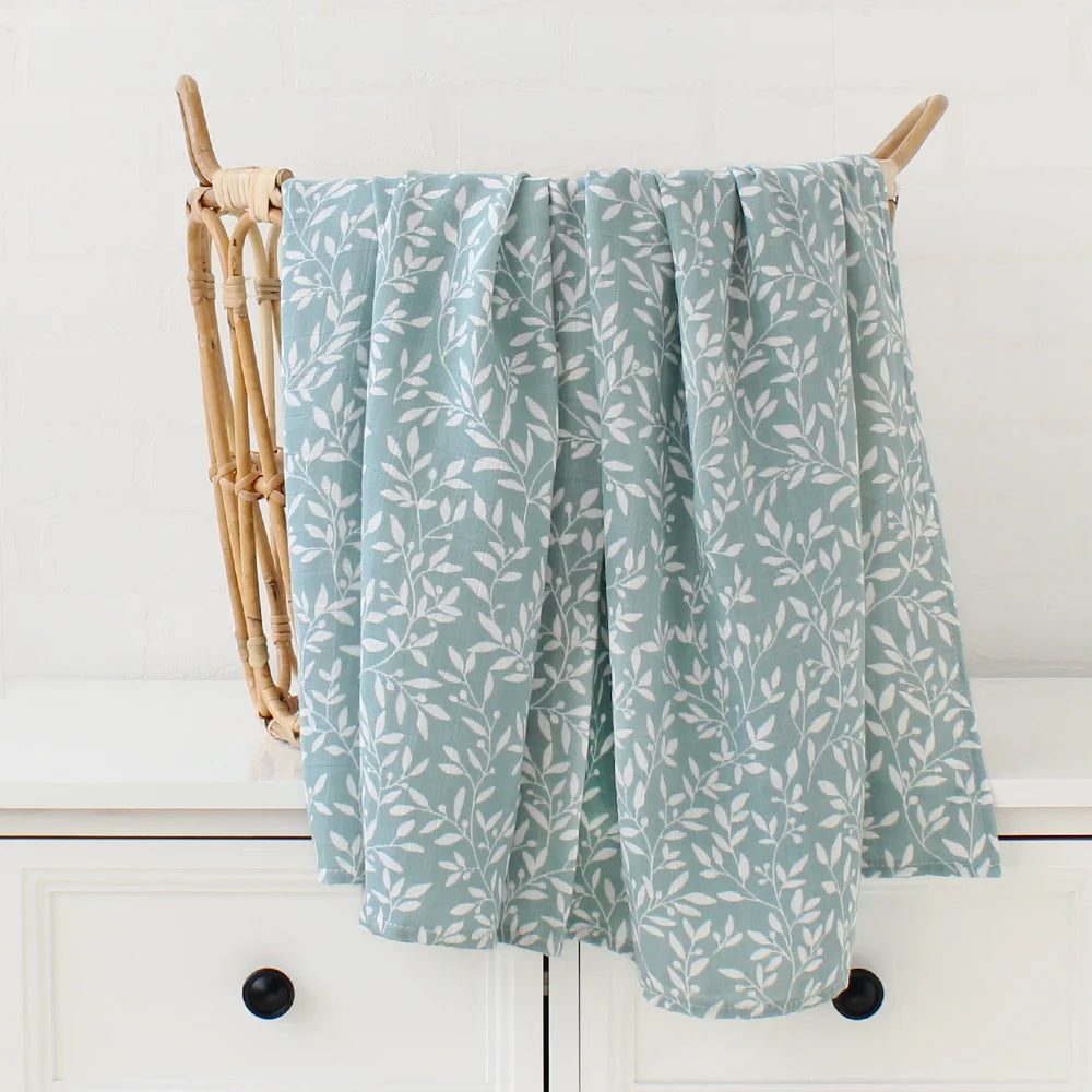 Organic bamboo muslin swaddle White leaf print