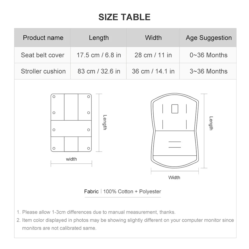 Baby Stroller Cushion & Seat Belt Cover Set- Size Table