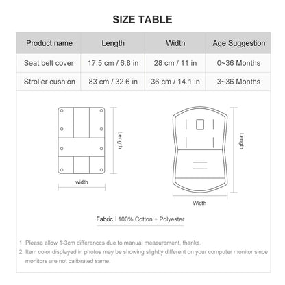 Baby Stroller Cushion & Seat Belt Cover Set- Size Table