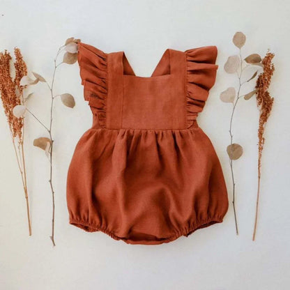  Baby Girls Rompers Cotton Linen Fabric- Brick Colour